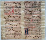 MEDIEVAL MUSIC MANUSCRIPT - MITTELALTERLICHE NOTENHANDSCHRIFT - NEUMES - HUFNAGEL - QUADRAT - NOTEN: Medieval music manuscript. Mittelalterliche Notenhandschrift. Missale Manuale Graduale fragment on vellum. Manoscritto musicale medievale Missale Graduale Frammento. 15th century. Folio 28,5 x 33 cm. Vellum leaf written on both sides in two columns. Fragment cut from a larger sheet; some sections obliterated by moisture, some holes, in one place with insignificant loss of text. 