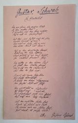 SCHWAB, Gustav [1792-1850]: Eigenhändiges 7-strophiges Gedicht mit Unterschrift. Um 1845.. Oktav. 22 x 13,7 cm. 1 Seite auf Doppelbogen, rosafarbenes Papier. Am Kopf von Sammlerhand bezeichnet. 