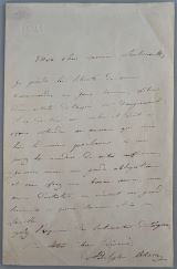 ADAM, Adolphe [1803-1856]: Eigenhändiger Brief mit Unterschrift. In französischer Sprache. - Autograph letter in French with signature. [Paris, ca. 1847]. Octavo 16 x 11cm. 1 page on duoble leaf with embossed mnogramm. Ink somewhat faded. 