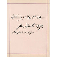 KUBELIK, Jan [1880-1940]: Eigenhändiges musikalisches Albumblatt mit Datum und Unterschrift. Bradford, 10. November 1902. Klein-Quart. 1/2 Seite, geschrieben auf farbigem Papier. 