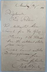 GADE, Niels W. [1817-1890]: Eigenhändiger Brief mit Datum und Unterschrift. In dänischer Sprache. - Autograph letter in Danish with date and signature. No place, 14.1 1884. Oktavo 21 x 13cm. 1 page, small tears at margin. 