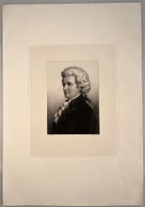 MOZART, Wolfgang Amadeus. - Halbfigur im Seitenprofil nach links. Stahlstich auf China von J. Bankel nach C. Jäger /1833-1887). Um 1875 28,5 x 11,5 cm. 