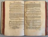 GLAREAN, [H.]: Dodekachordon. Basileae, (H. Petri 1547) Folio. 10 ff, 470 pp, 3 ff. Numerous musical examples in type printing. Some figuratively decorated woodcut initials, several diagrams and illustrations of historical musical instruments. With entries by old hand. 2 leaves (p. 281-284) as facsimile on old paper. 20/06 Contemporary vellum with attached vellum of old manuscript, professionally restored. Renewed and fitting white front and endpapers 